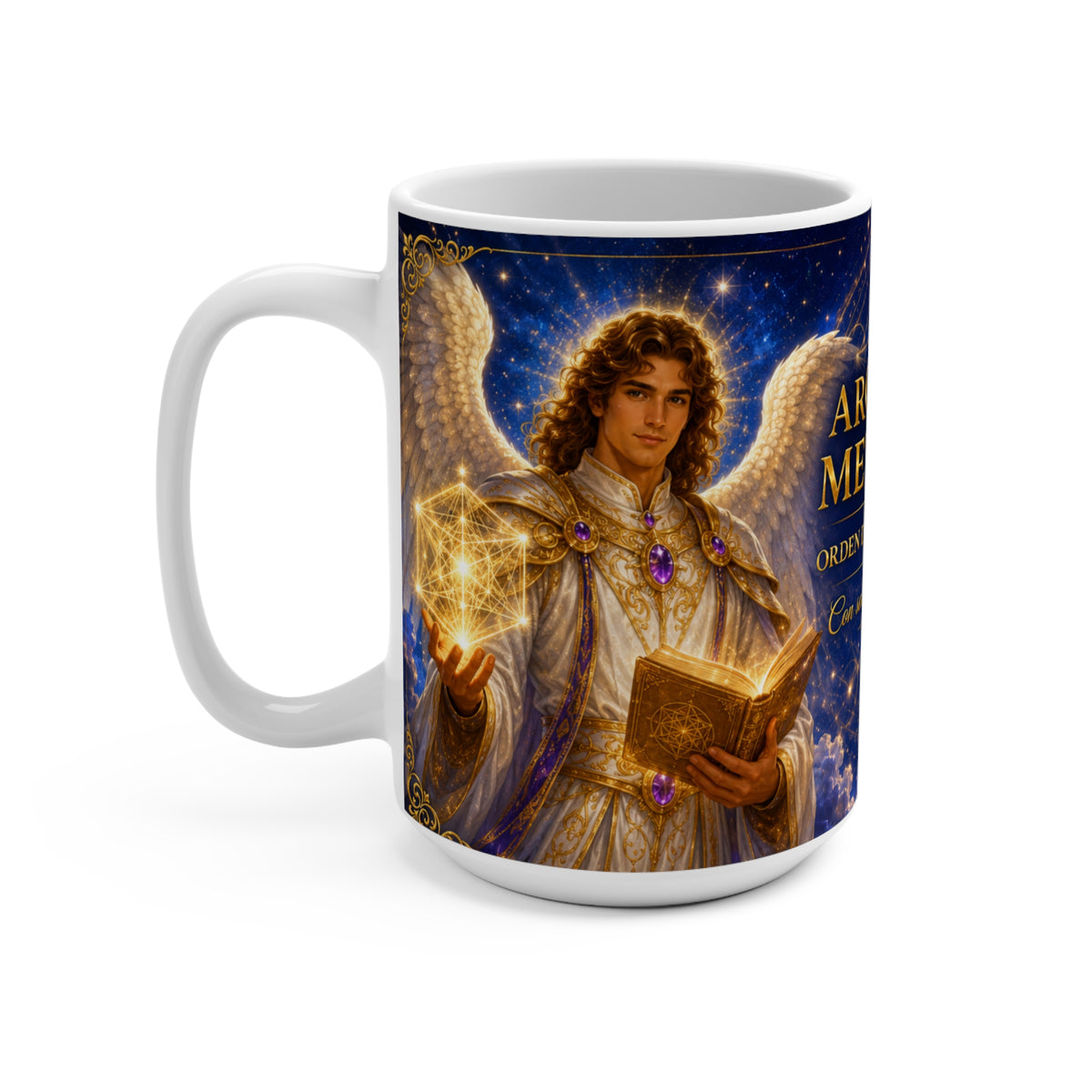 "Taza Mística 15oz Honra tu conexión espiritual con esta taza de cerámica de 15oz, parte de la colección exclusiva Tía Cielo con Arcángel Metatrón