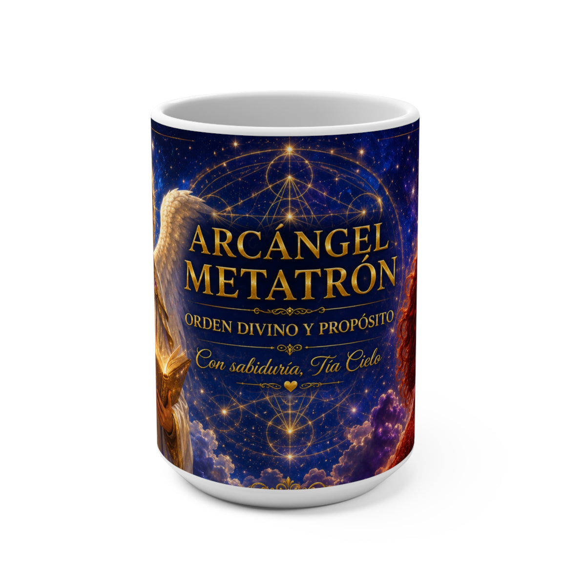 "Taza Mística 15oz Honra tu conexión espiritual con esta taza de cerámica de 15oz, parte de la colección exclusiva Tía Cielo con Arcángel Metatrón