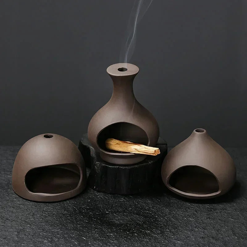 1 pieza – Porta Palo Santo artesanal con bandeja de arcilla morada para salvia e incienso | Decoración espiritual para el hogar, regalo ideal para yoga (sin incienso incluido)