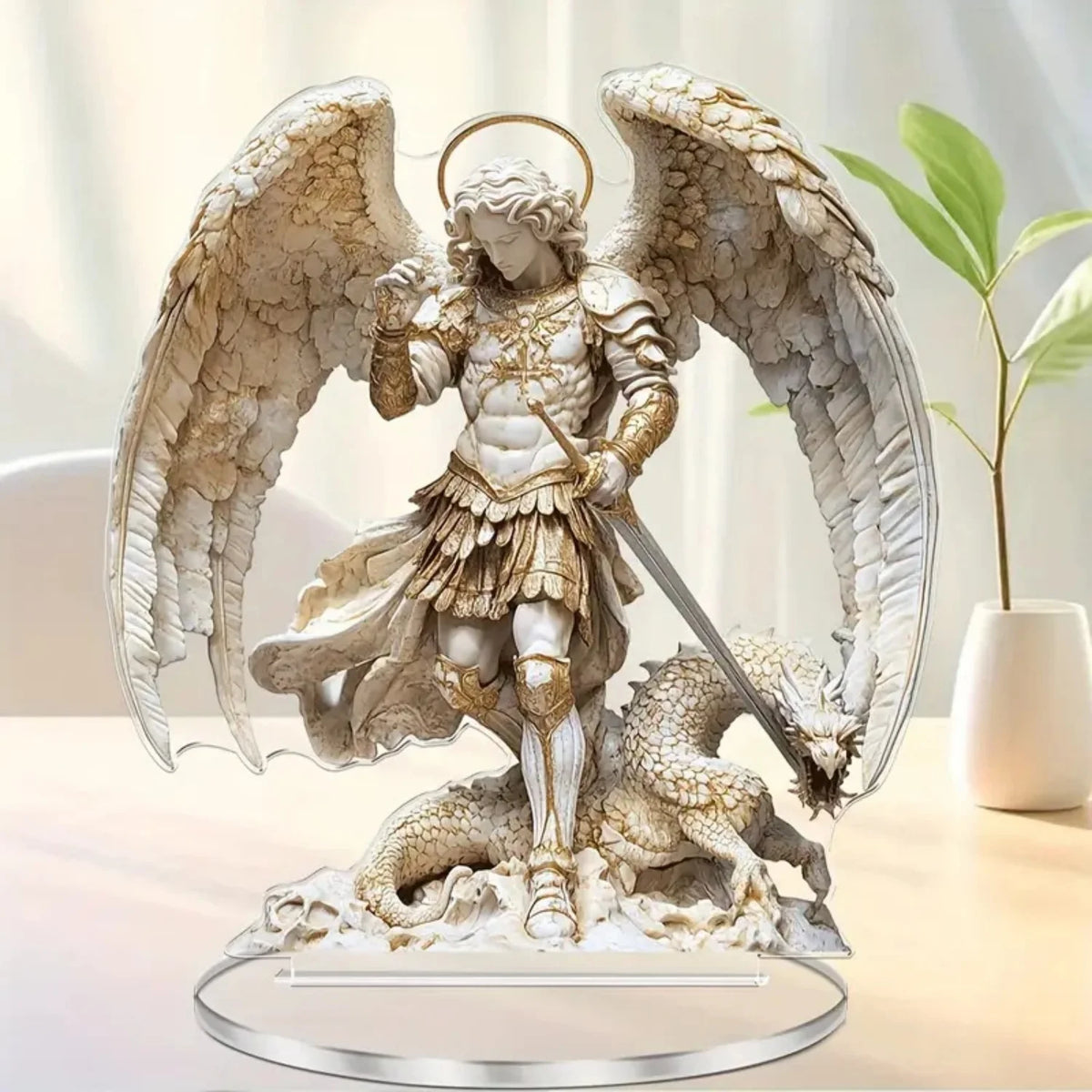 Figura del Arcángel Miguel – Escultura de Ángel Guerrero en Acrílico 2D para Altar, Hogar, Oficina y Decoración Espiritual