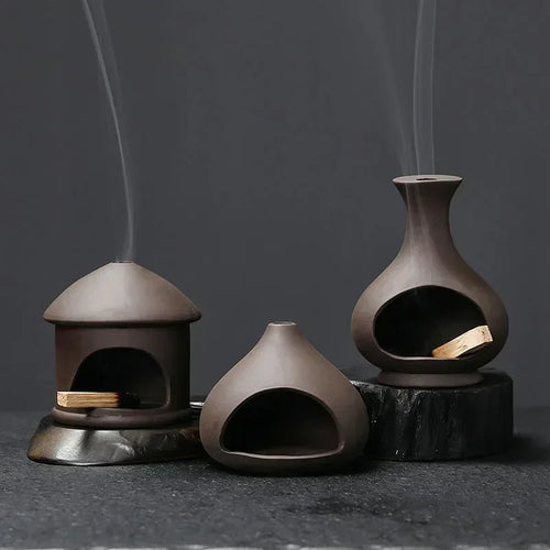 1 pieza – Porta Palo Santo artesanal con bandeja de arcilla morada para salvia e incienso | Decoración espiritual para el hogar, regalo ideal para yoga (sin incienso incluido)