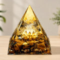 ✨ Pirámide de Orgonita Ojo de Tigre con Loto Dorado – Decoración Espiritual Reiki y Meditación