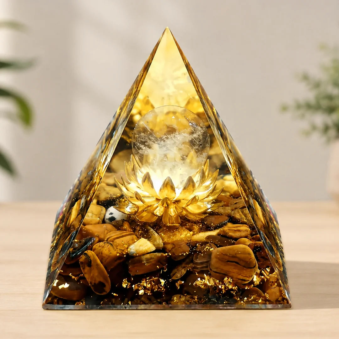 ✨ Pirámide de Orgonita Ojo de Tigre con Loto Dorado – Decoración Espiritual Reiki y Meditación