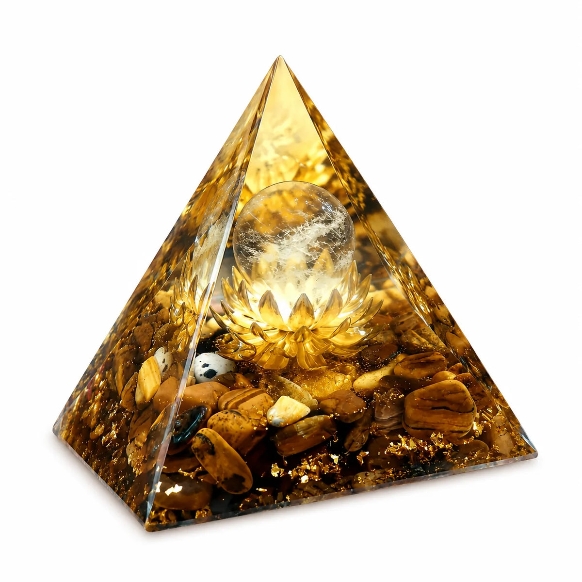 ✨ Pirámide de Orgonita Ojo de Tigre con Loto Dorado – Decoración Espiritual Reiki y Meditación