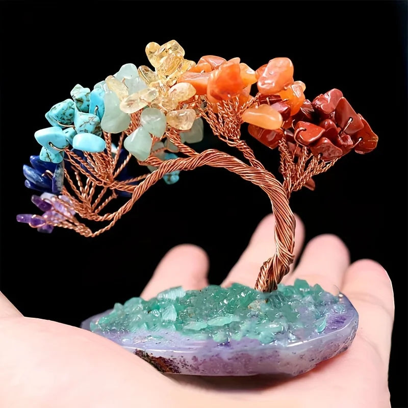 Árbol del Dinero de Piedras Naturales con Base de Ágata de Colores – Árbol de la Abundancia, Pino de Bienvenida y Adorno Decorativo