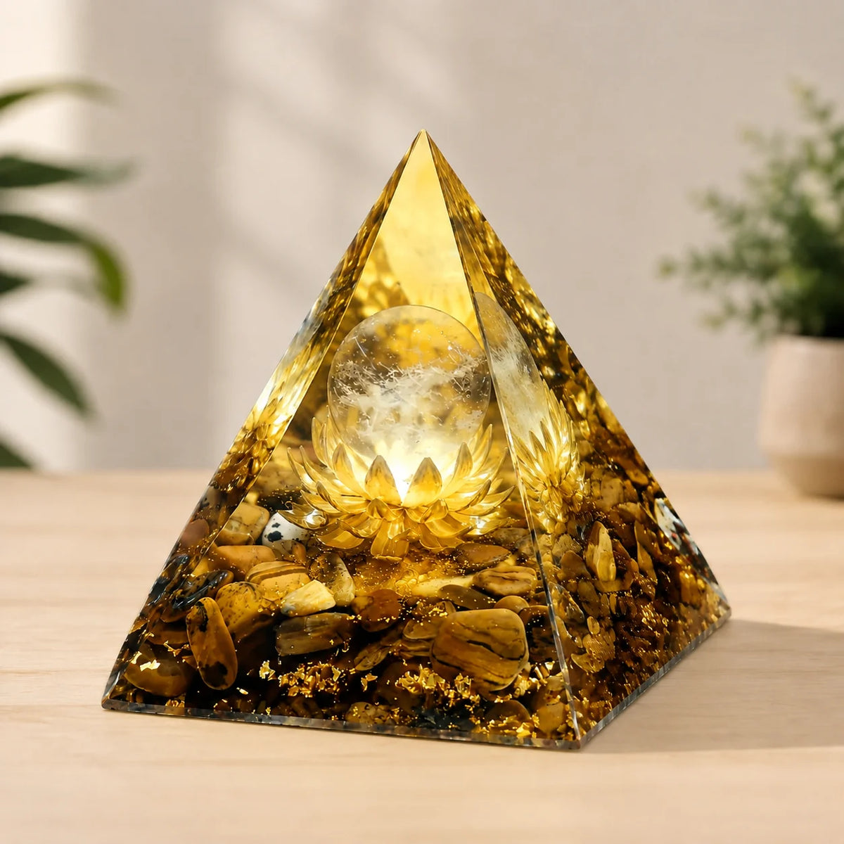 ✨ Pirámide de Orgonita Ojo de Tigre con Loto Dorado – Decoración Espiritual Reiki y Meditación