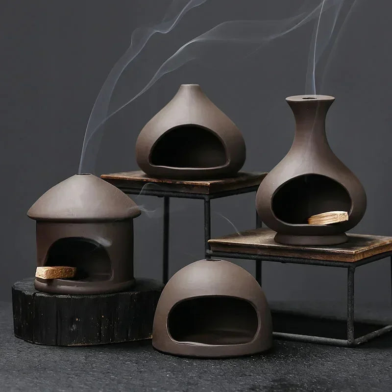 1 pieza – Porta Palo Santo artesanal con bandeja de arcilla morada para salvia e incienso | Decoración espiritual para el hogar, regalo ideal para yoga (sin incienso incluido)