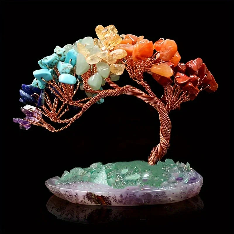 Árbol del Dinero de Piedras Naturales con Base de Ágata de Colores – Árbol de la Abundancia, Pino de Bienvenida y Adorno Decorativo