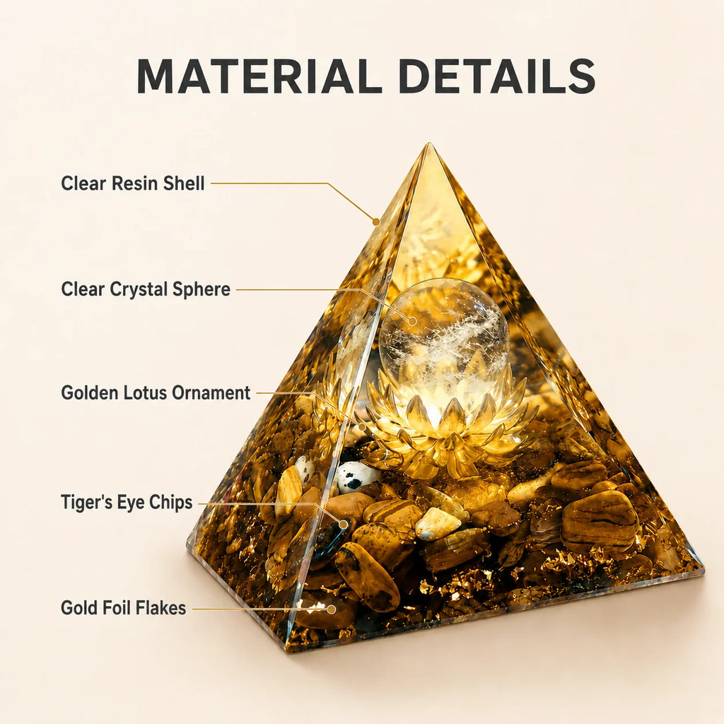 ✨ Pirámide de Orgonita Ojo de Tigre con Loto Dorado – Decoración Espiritual Reiki y Meditación