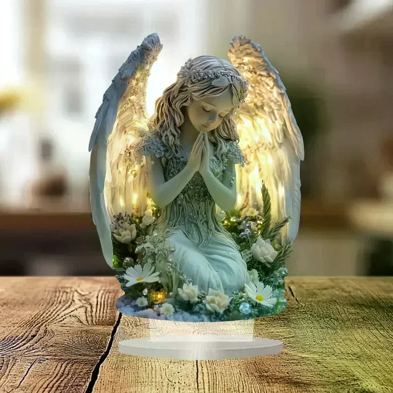 Estatua de Ángel Radiante en Oración – Figura Decorativa de Luz Cálida para Hogar, Oficina, Altar o Regalo Espiritual