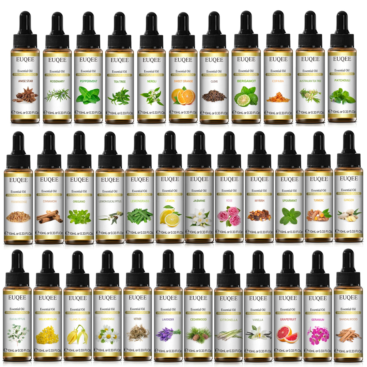 Aceite Esencial Puro EUQEE 10 ml – Palo Santo, Lavanda, Menta, Bergamota, Eucalipto, Canela y Cedro para Aromaterapia