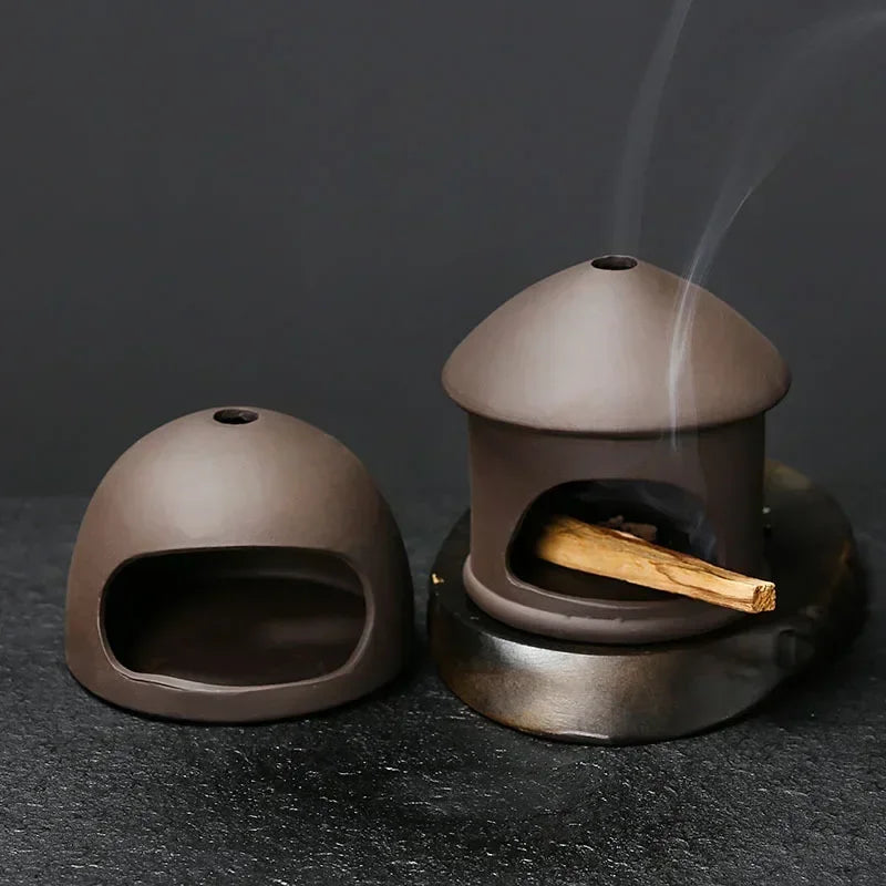 1 pieza – Porta Palo Santo artesanal con bandeja de arcilla morada para salvia e incienso | Decoración espiritual para el hogar, regalo ideal para yoga (sin incienso incluido)
