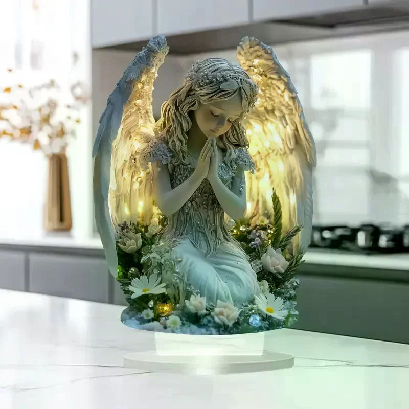 Estatua de Ángel Radiante en Oración – Figura Decorativa de Luz Cálida para Hogar, Oficina, Altar o Regalo Espiritual